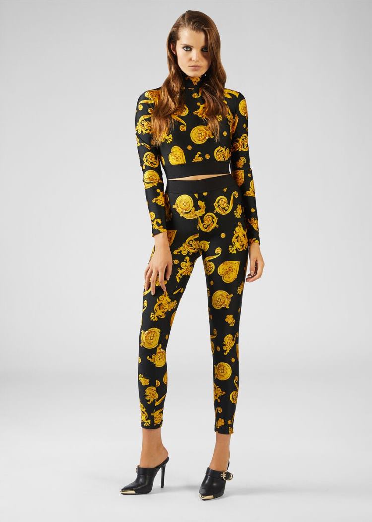 Legginsy Jeans Couture Versace Jeans Couture Gold Baroque Print Leggings Czarne | G1COQLN7I