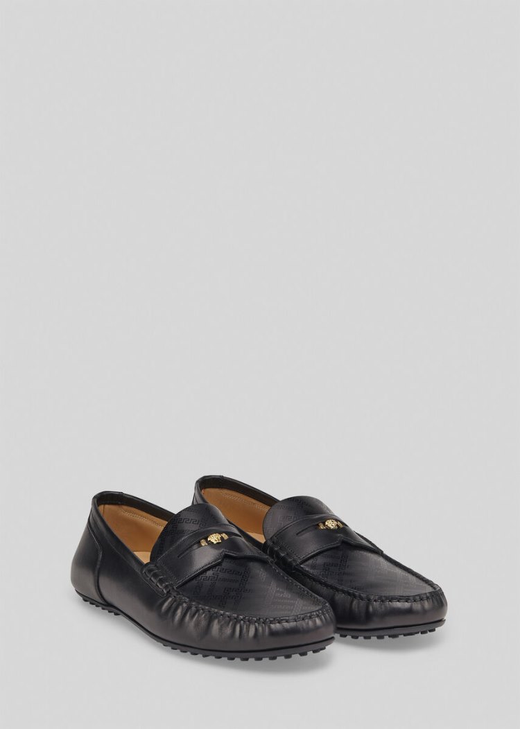 Loafersy Męskie Versace Greca Argyle Skórzane Loafers Czarne | C1A7RMMKG