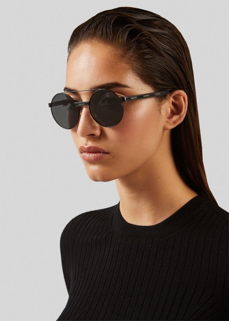 Okulary Słoneczne Damskie Versace Grey Logomania Round Czarne | ZTOK09K0P