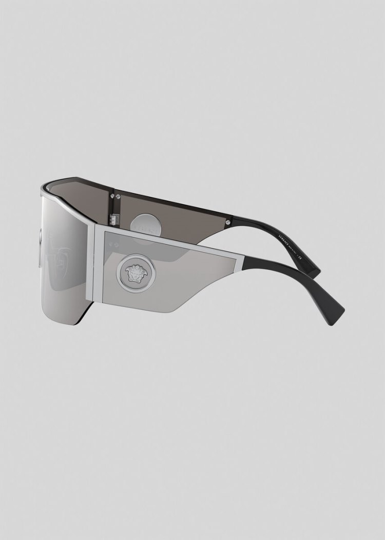 Okulary Słoneczne Damskie Versace Silver Medusa Halo Shield Srebrne | 9AEDBPG6S