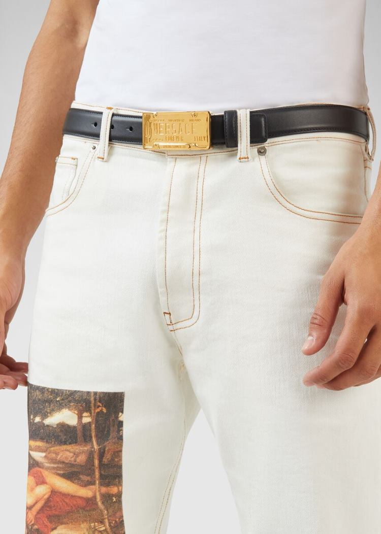 Paski Męskie Versace License Plate Logo Klamry Belt Czarne | IMQ4HC5DI