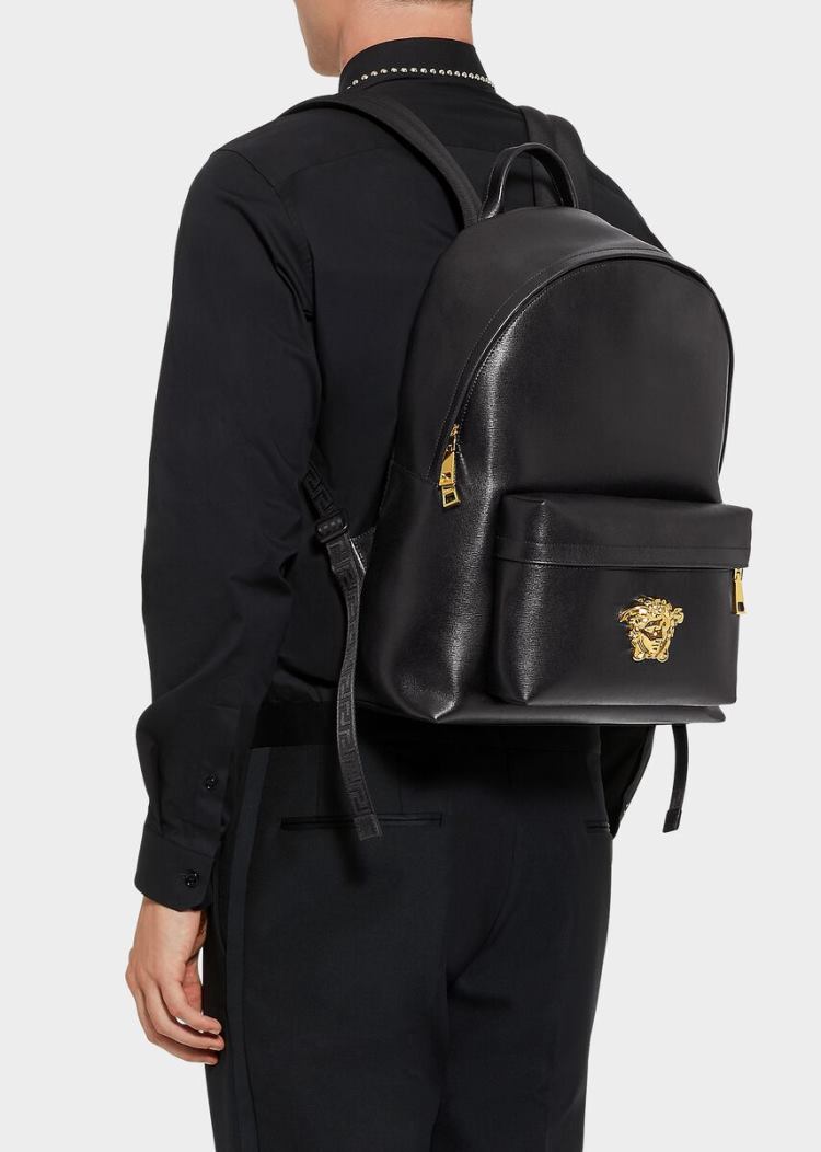 Plecaki Męskie Versace Saffiano Skórzane Palazzo Backpack Czarne | 9RONOPTYP