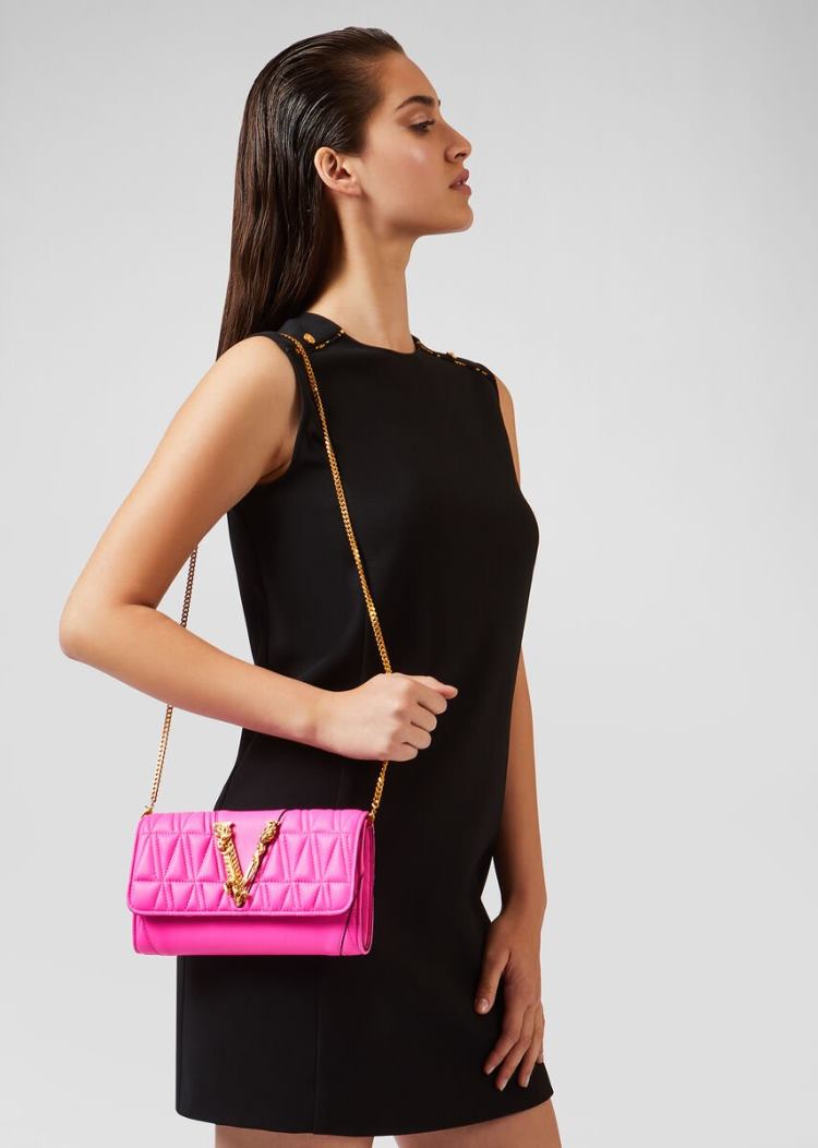Portfele Damskie Versace Virtus Quilted Chain Różowe | NMLDC4H93