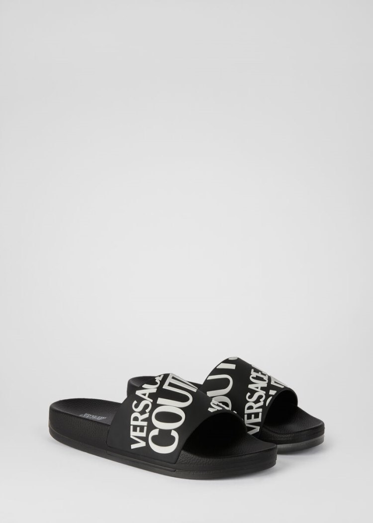 Sandały Jeans Couture Versace Jeans Couture Logo Allover Print Slides Czarne | W1XKLBZJL