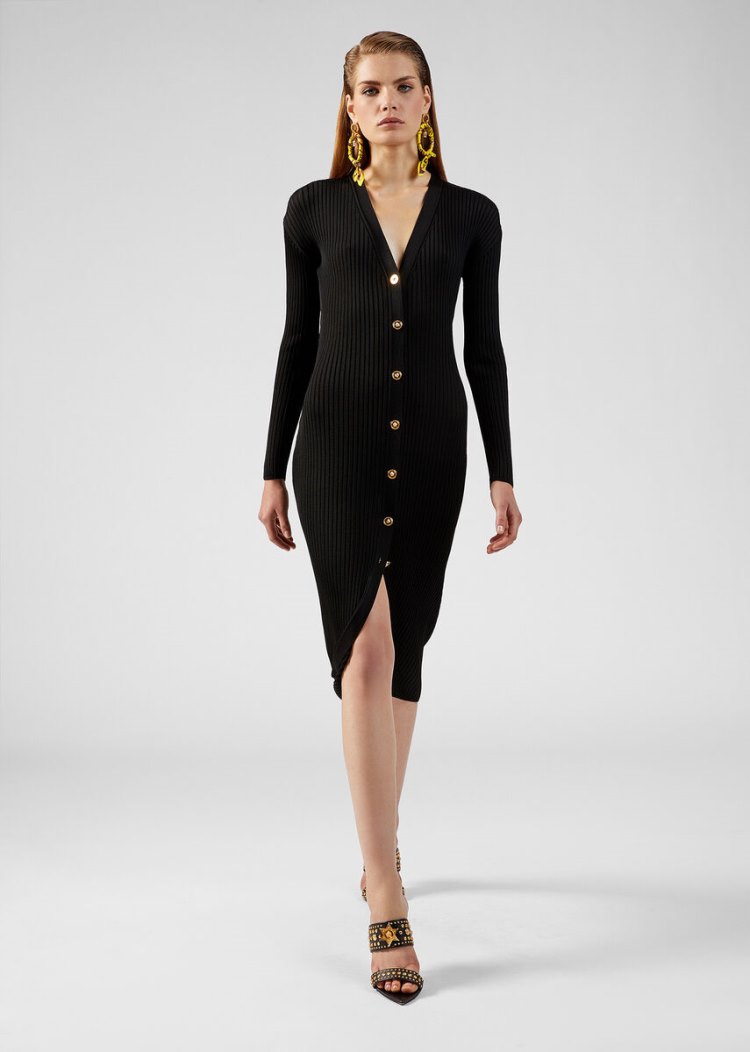 Sukienki Damskie Versace Medusa Button Knit Sukienki Czarne | OHO1HVSJM