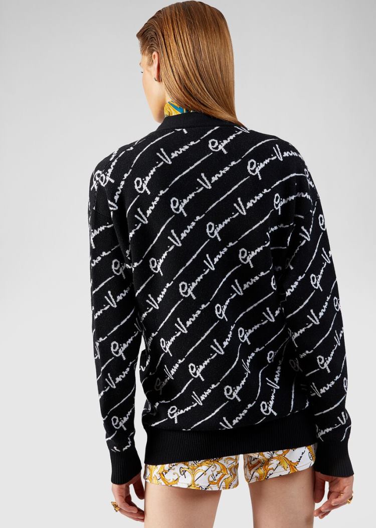 Swetry Damskie Versace GV Signature Jacquard Cardigan Czarne | 8GCSA3MHO