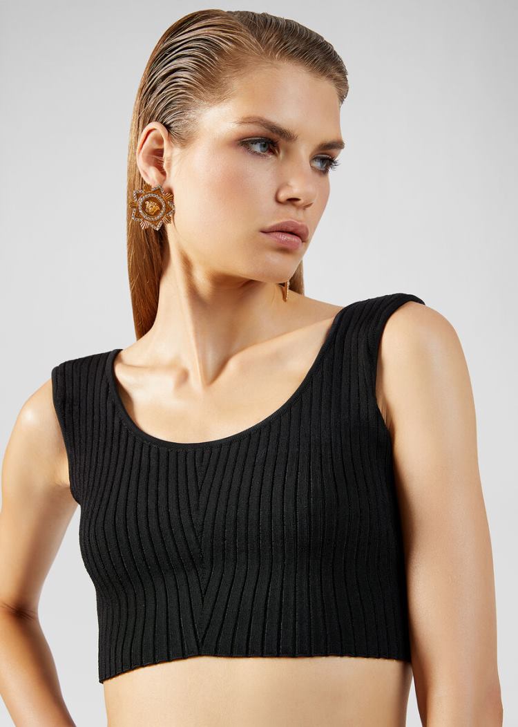 Swetry Damskie Versace Knit Crop Top Czarne | JACYJXEP6