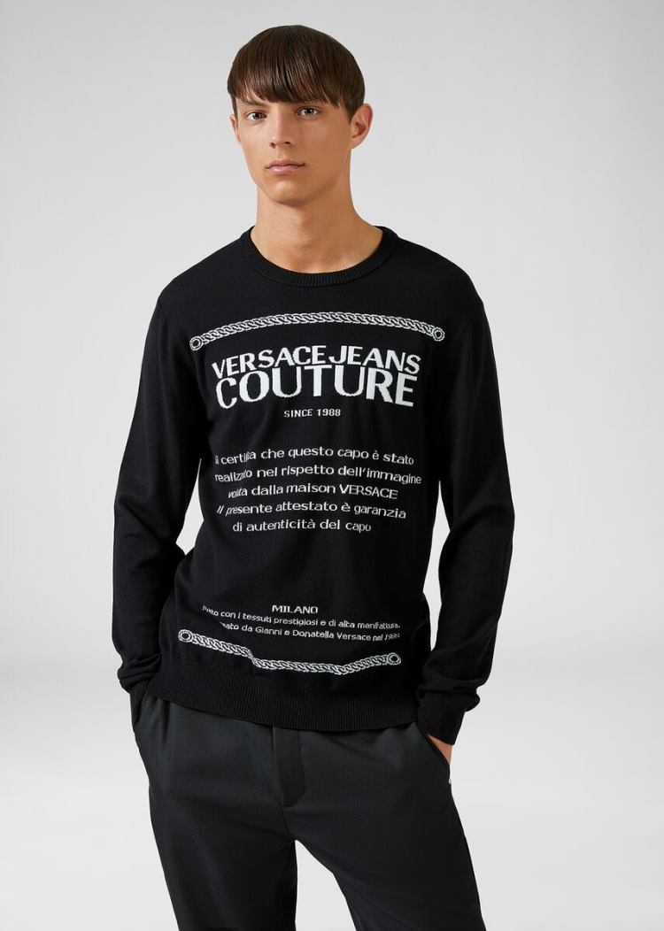Swetry Jeans Couture Versace Jeans Couture Etichetta detail Knit Swetry Czarne Białe | FHT7LKPK4