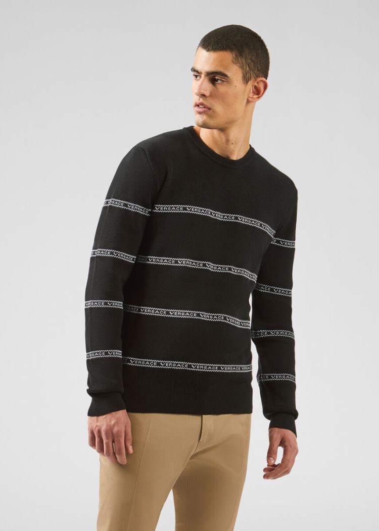 Swetry Męskie Versace Nastro Slim Fit Swetry Czarne | B65TBUD4M