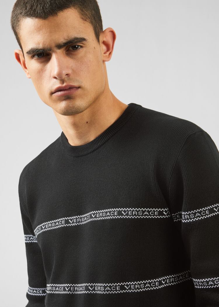 Swetry Męskie Versace Nastro Slim Fit Swetry Czarne | B65TBUD4M