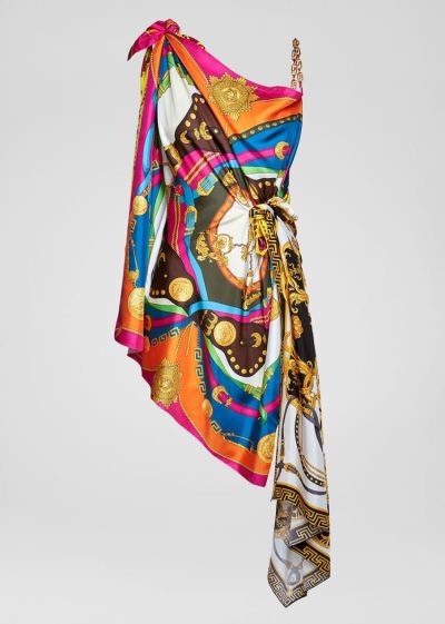 Sukienki Damskie Versace Mixed Print Draped Asymmetric Sukienki Kolorowe | 233WKMWWT